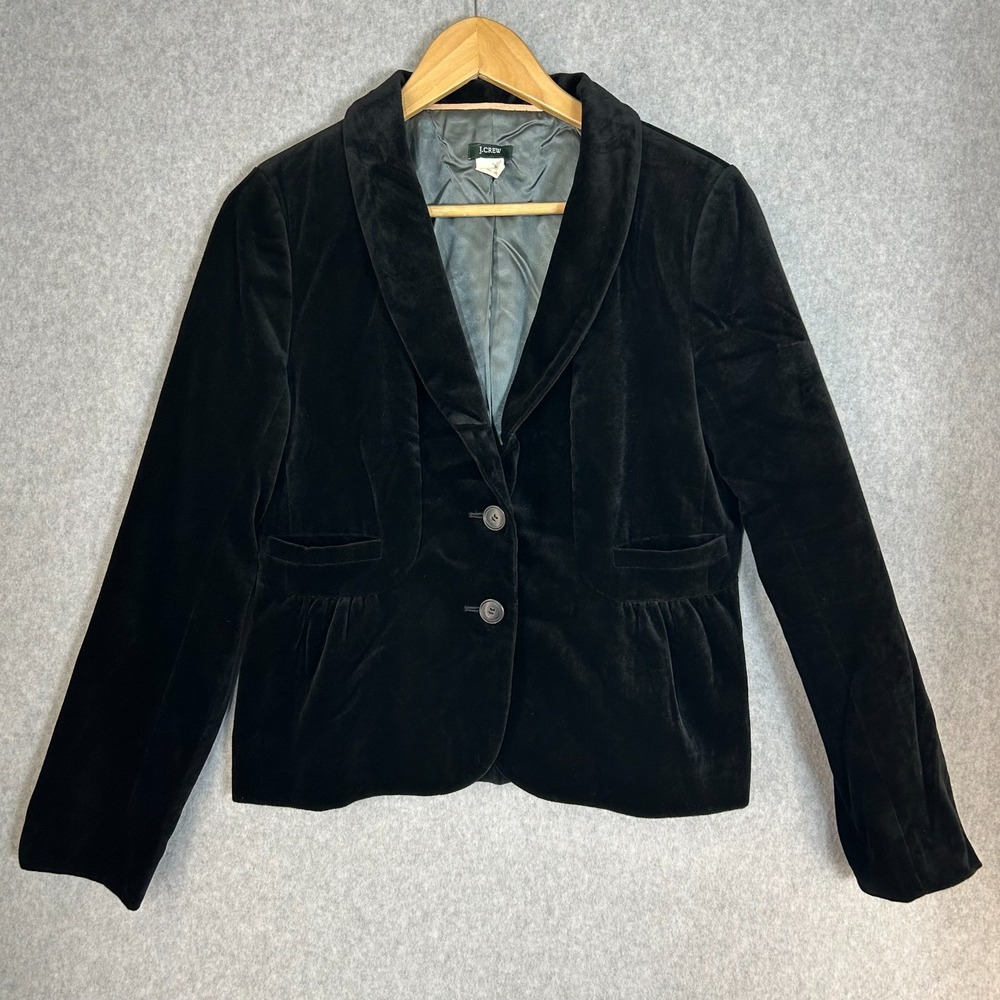 J Crew Black Velvet Blazer Jacket Office Ruffle Y2K Glam Pockets Womens Size 8